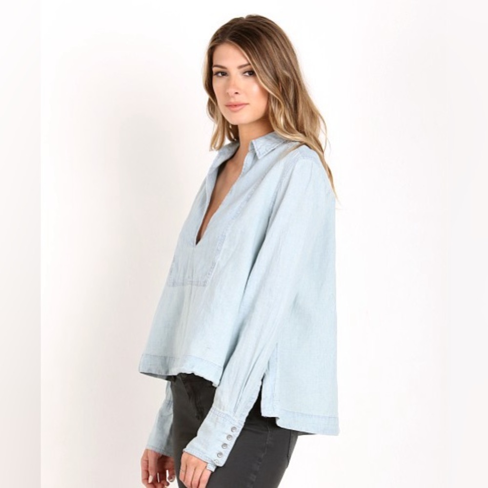 Free People Ready or Not Chambray Top Rumi Wash - Size Large 🇺🇸